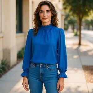 1. State Blue Long Sleeve High Neck Blouse Top Size Medium